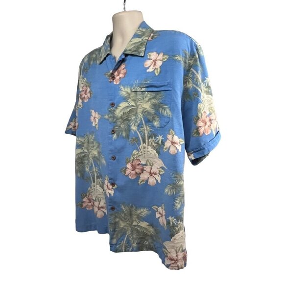 Jamaica Jaxx Mens Blue Silk Floral Hawaiian Button Up Shirt XL Pocket Relaxed - Picture 3 of 7